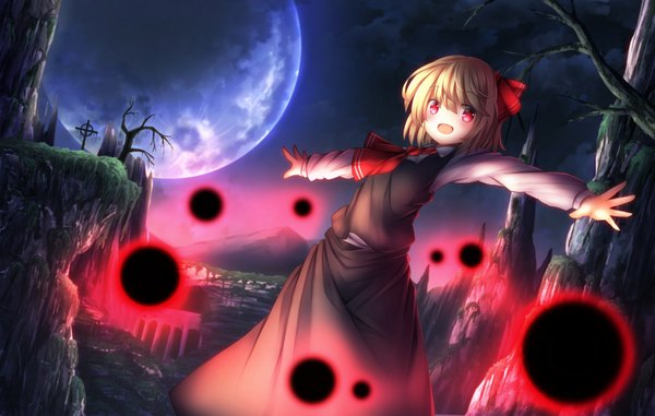 Anime picture 1980x1260 with touhou rumia minamina single looking at viewer blush highres short hair open mouth blonde hair red eyes night spread arms girl dress skirt bow plant (plants) hair bow tree (trees)