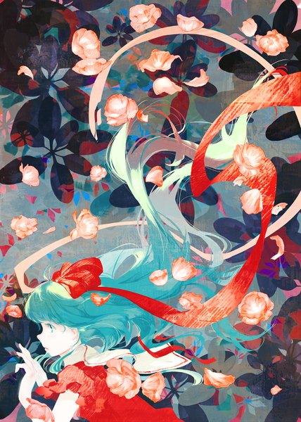 Anime picture 1000x1403 with touhou kagiyama hina jq single long hair tall image fringe looking away profile aqua eyes wind aqua hair girl dress flower (flowers) bow hair bow petals red dress