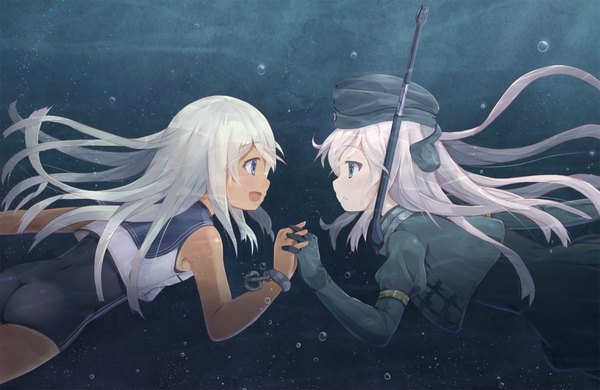 Anime picture 1843x1200 with kantai collection ro-500 submarine u-511 submarine hikari niji long hair fringe highres open mouth blue eyes light erotic multiple girls pink hair ass white hair :d profile puffy sleeves holding hands pale skin underwater