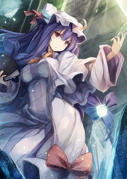Anime picture 750x1050 with touhou patchouli knowledge fal maro single long hair tall image looking at viewer blush purple eyes purple hair magic light girl bow petals book (books) bonnet pajamas