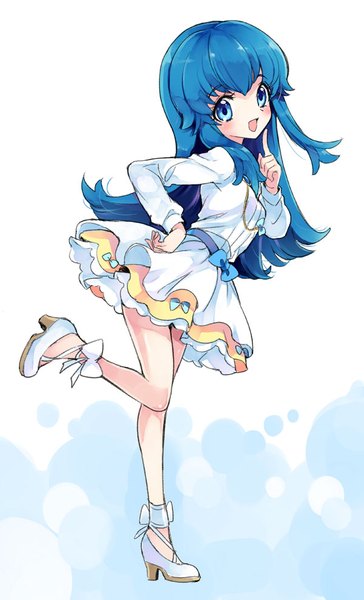 Anime picture 600x989 with precure happinesscharge precure! toei animation shirayuki hime yukiwo single long hair tall image blush fringe open mouth blue eyes standing white background payot blue hair looking away bent knee (knees) hand on hip finger to mouth
