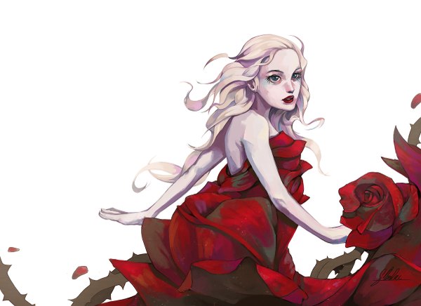 Anime picture 1200x873 with original sbalac single long hair blonde hair simple background white background bare shoulders signed grey eyes lipstick red lipstick girl flower (flowers) petals rose (roses) thorns