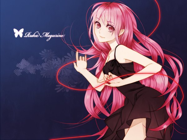 Anime picture 1200x900 with vocaloid megurine luka nokisita3412 long hair simple background bare shoulders pink hair pink eyes girl dress black dress