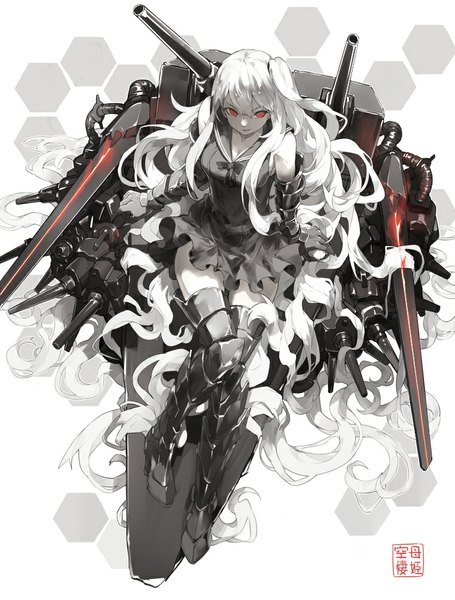 Anime picture 759x1000 with kantai collection aircraft carrier hime nine (liuyuhao1992) single tall image looking at viewer red eyes sitting white hair very long hair from above one side up shinkaisei-kan girl dress weapon armor black dress gun thigh boots