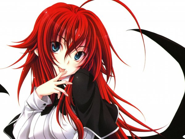 Anime picture 1024x768 with highschool dxd rias gremory miyama zero single long hair breasts blue eyes large breasts white background red hair official art finger to mouth bat wings cute girl uniform school uniform tongue