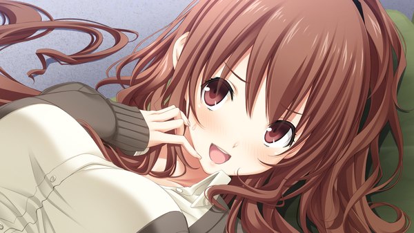 Anime picture 1280x720 with kiss bell giga kajiya ayano long hair blush open mouth brown hair wide image brown eyes game cg girl uniform school uniform