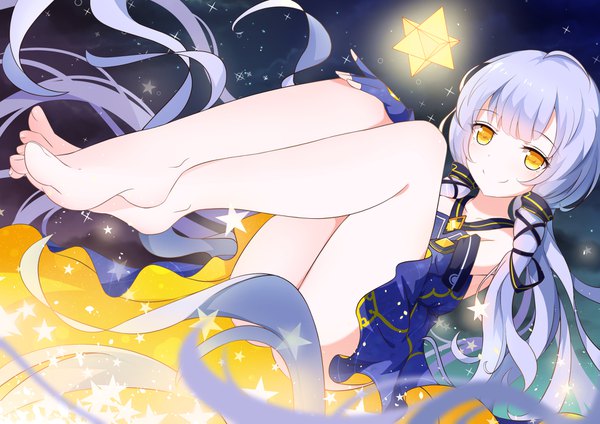 Anime picture 1754x1240 with vocaloid xingchen xiao ren single looking at viewer highres light erotic smile yellow eyes silver hair very long hair barefoot bare legs convenient censoring tress ribbon girl dress gloves ribbon (ribbons) hair ribbon
