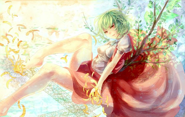 Anime picture 1185x750 with touhou kazami yuuka momose momo single short hair smile red eyes green eyes barefoot legs girl petals leaf (leaves) branch