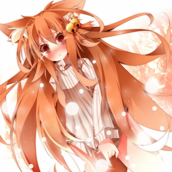 Anime picture 1500x1500 with original daidai ookami single long hair blush fringe hair between eyes red eyes brown hair animal ears tail animal tail cat ears cat girl dutch angle messy hair girl bell sweater