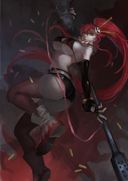 Anime picture 1000x1414 with tengen toppa gurren lagann gainax yoko littner wuguiex single long hair tall image looking at viewer fringe breasts light erotic large breasts yellow eyes ass ponytail red hair looking back jumping skeleton girl