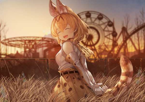 Anime picture 1228x868 with kemono friends serval (kemono friends) koruse single blush fringe short hair blonde hair hair between eyes animal ears outdoors tail eyes closed animal tail looking back sleeveless lens flare evening happy sunset