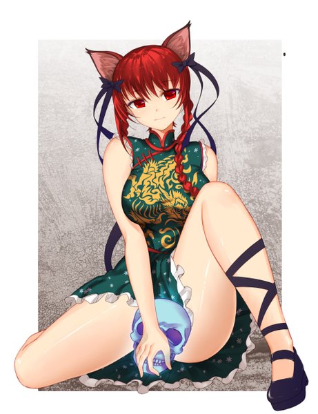 Anime picture 999x1300 with touhou kaenbyou rin x&x&x single long hair tall image looking at viewer light erotic animal ears red hair braid (braids) cat ears bare legs extra ears ankle ribbon girl dress bow ribbon (ribbons) hair bow