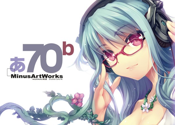 Anime picture 1600x1149 with original hiiro yuki single long hair looking at viewer white background pink eyes aqua hair inscription girl dress flower (flowers) glasses headphones