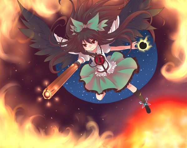 Anime picture 1520x1200 with touhou reiuji utsuho miruki (artist) starry sky print arm cannon girl