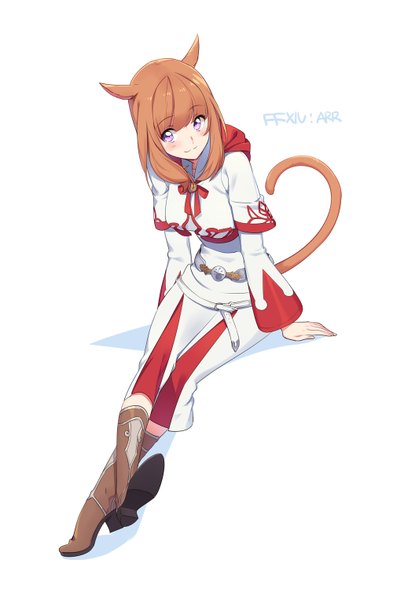Anime picture 1000x1527 with final fantasy final fantasy xiv square enix miqo'te white mage ssberit single long hair tall image blush fringe simple background smile brown hair white background sitting purple eyes animal ears looking away full body