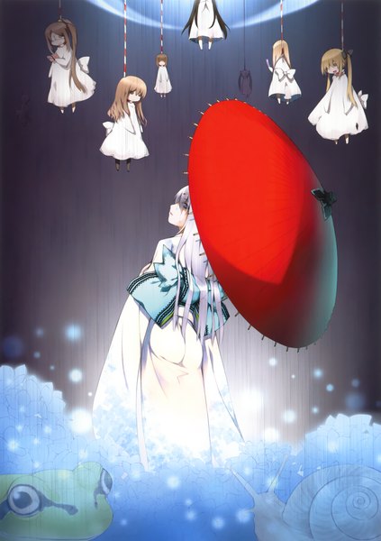 Anime picture 3245x4601 with original eshi 100-nin ten long hair tall image highres blue eyes absurdres silver hair japanese clothes looking up girl flower (flowers) kimono umbrella obi doll (dolls)