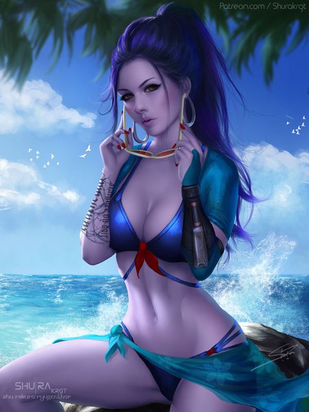 Anime picture 600x800 with overwatch blizzard entertainment widowmaker (overwatch) cote d'azur widowmaker shurakrgt single long hair tall image looking at viewer breasts light erotic sitting holding signed yellow eyes blue hair sky cloud (clouds) full body ponytail