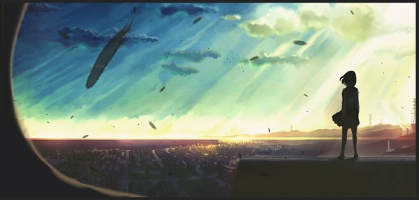 Anime picture 1024x491 with original akio-bako (artist) single short hair wide image standing sky cloud (clouds) wind sunlight city girl dress