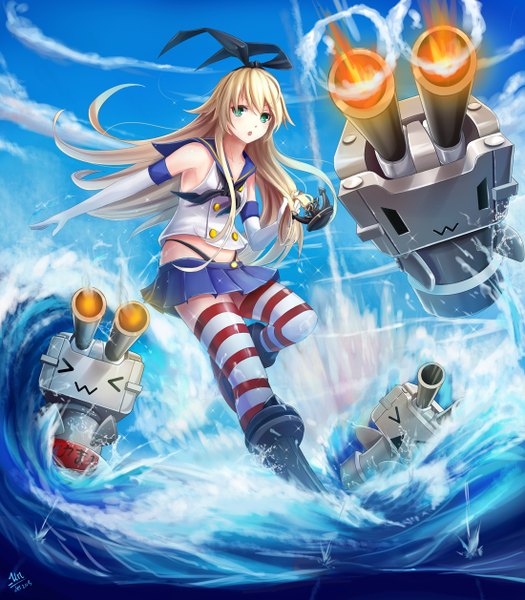 Anime picture 1100x1257 with kantai collection shimakaze destroyer rensouhou-chan jurrig long hair tall image open mouth blonde hair green eyes sky cloud (clouds) > < girl thighhighs gloves bow weapon hair bow miniskirt water