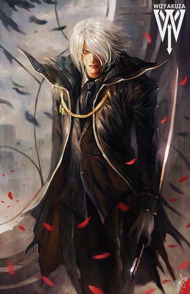 Anime picture 600x927 with wizyakuza single tall image looking at viewer fringe blonde hair holding wind lips grey hair hair over one eye realistic serious boy weapon petals sword necktie katana