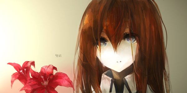 Anime picture 1500x750 with steins;gate white fox makise kurisu juexing (moemoe3345) single long hair blue eyes brown hair wide image tears close-up crying girl flower (flowers)