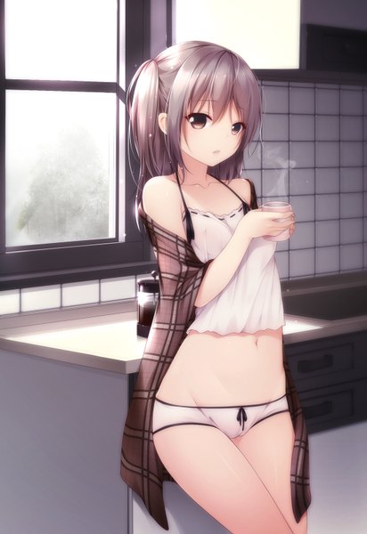 Anime picture 1100x1600 with original shokuyou mogura single long hair tall image looking at viewer fringe open mouth light erotic brown hair bare shoulders holding brown eyes sunlight bare belly smoke sunbeam steam girl navel