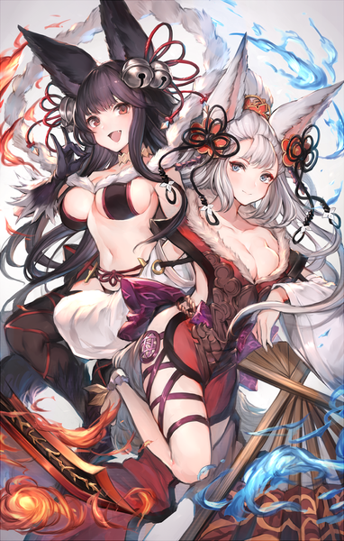 Anime picture 1085x1700 with granblue fantasy yuel (granblue fantasy) socie (granblue fantasy) watao long hair tall image blush fringe breasts open mouth blue eyes light erotic black hair red eyes large breasts multiple girls animal ears cleavage white hair light smile