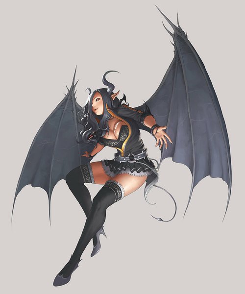 Anime picture 900x1080 with original syar single long hair tall image breasts light erotic black hair simple background red eyes large breasts bent knee (knees) tail parted lips horn (horns) pointy ears grey background high heels outstretched arm demon girl