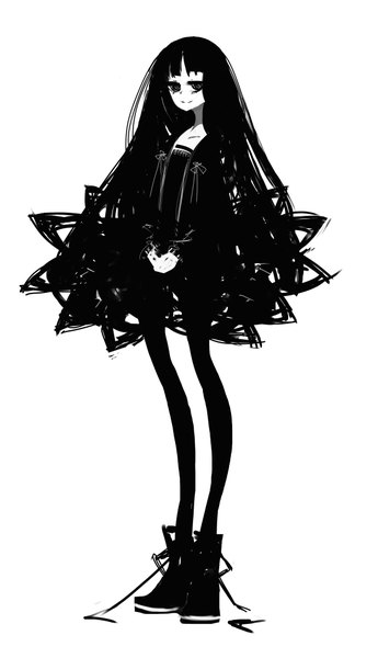Anime picture 1151x2000 with original kiku (kicdoc) single long hair tall image black hair smile white background black eyes monochrome girl dress