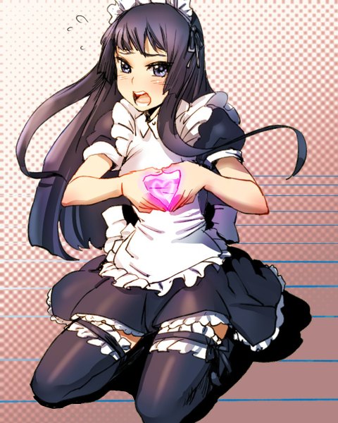 Anime picture 1000x1251 with k-on! kyoto animation akiyama mio bow (bhp) single long hair tall image blush open mouth blue eyes black hair maid polka dot checkered background heart hands moe moe kyun! girl thighhighs black thighhighs headdress
