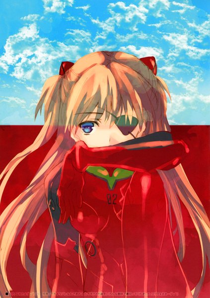 Anime picture 1058x1500 with neon genesis evangelion gainax soryu asuka langley mitsumi misato single long hair tall image looking at viewer blue eyes brown hair sky cloud (clouds) girl hair ornament bodysuit eyepatch