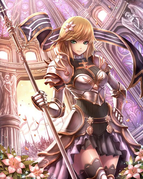 Anime picture 700x876 with real life jeanne d'arc ant (fenixant) tall image looking at viewer fringe short hair blonde hair green eyes indoors hair flower sunlight knight girl thighhighs gloves hair ornament flower (flowers) weapon black thighhighs