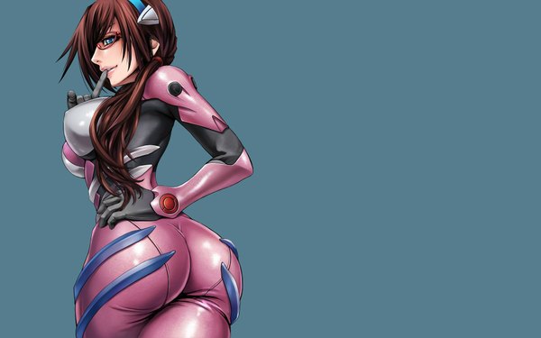 Anime picture 1920x1200 with neon genesis evangelion gainax makinami mari illustrious sadakage single long hair highres breasts blue eyes light erotic brown hair wide image large breasts twintails ass lips erect nipples finger to mouth covered nipples girl