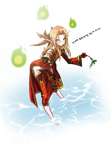 Anime picture 800x1132 with world of warcraft blizzard entertainment blood elf rantia (artist) single long hair tall image looking at viewer blush blonde hair green eyes pointy ears text korean girl gloves mantle