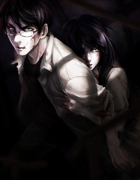 Anime picture 1400x1800 with original lorenamgrim long hair tall image short hair black hair brown hair brown eyes green eyes sweat hug tears dark background twisty sleeves hug from behind scared girl boy shirt glasses