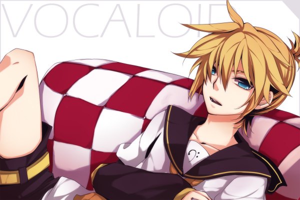 Anime picture 1200x800 with vocaloid kagamine len mukkun single short hair open mouth blue eyes simple background blonde hair white background inscription reclining boy detached sleeves couch