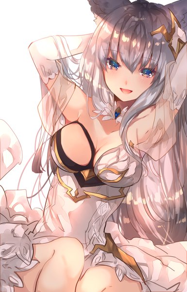 Anime picture 1000x1555 with granblue fantasy korwa (granblue fantasy) sweetroad single long hair tall image looking at viewer breasts open mouth blue eyes light erotic simple background smile large breasts white background animal ears bent knee (knees) grey hair arms up midriff