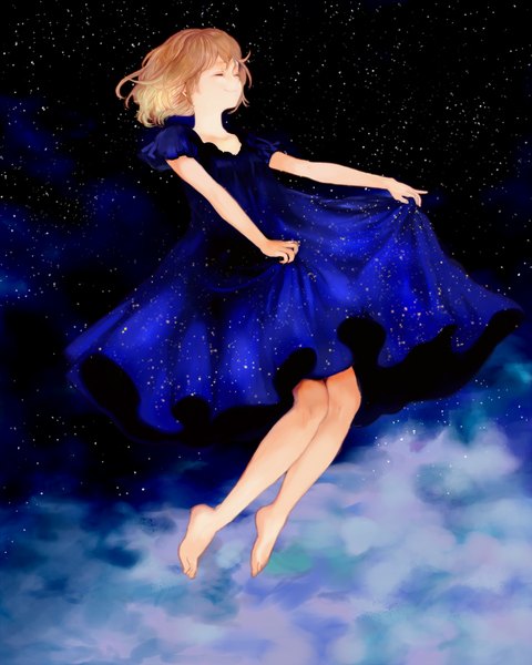Anime picture 1400x1750 with original nou (brain-m) single tall image short hair smile brown hair cloud (clouds) full body eyes closed barefoot night night sky space weightlessness starry sky print girl dress star (stars)