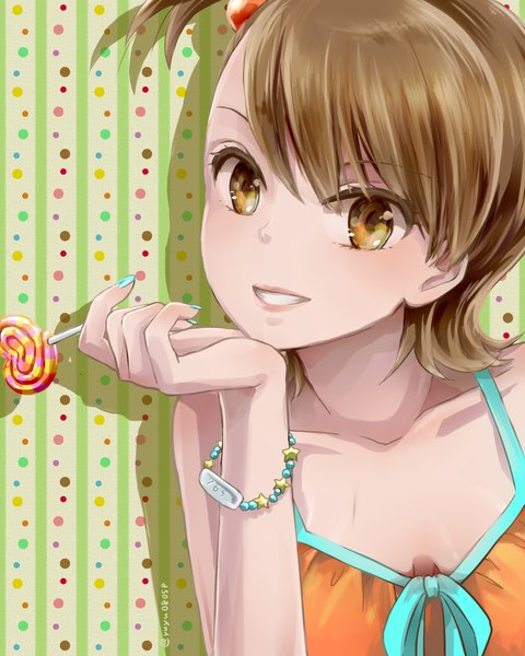 Anime picture 1280x1600 with idolmaster futami ami yoshiyoshi (yuyu0805p) single tall image looking at viewer short hair smile brown hair bare shoulders brown eyes teeth girl bracelet lollipop