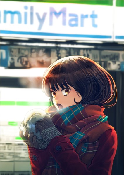Anime picture 707x1000 with original familymart boyaking(sbf) single tall image looking at viewer fringe short hair open mouth brown hair brown eyes upper body blunt bangs steam girl gloves food scarf coat winter clothes
