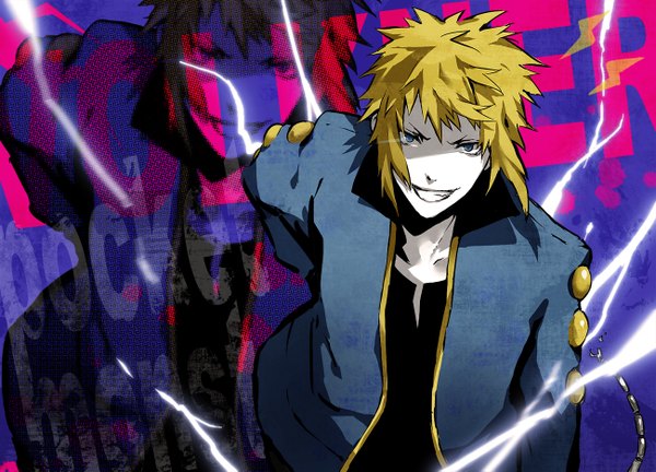 Anime picture 1300x937 with pokemon nintendo denji arisaka ako blonde hair smile blue hair open collar electricity boy jacket