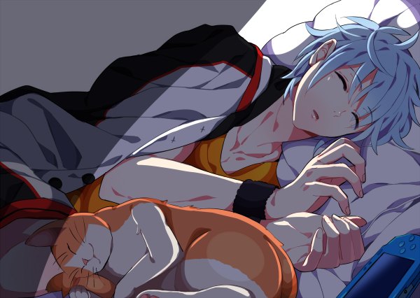 Anime picture 1200x852 with kuroko no basket nintendo production i.g kuroko tetsuya yuna (rutera) single short hair open mouth blue hair ahoge lying eyes closed sleeping boy uniform animal pillow cat gym uniform wristlet