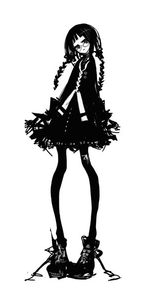 Anime picture 1045x2000 with original kiku (kicdoc) single tall image black hair simple background white background braid (braids) twin braids monochrome girl dress pantyhose glasses boots