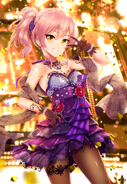 Anime picture 1200x1724 with idolmaster idolmaster cinderella girls idolmaster cinderella girls starlight stage jougasaki mika infinote single tall image looking at viewer fringe short hair smile hair between eyes standing yellow eyes pink hair ponytail braid (braids) hand on hip victory glorious glow