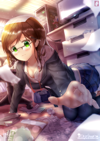 Anime picture 1024x1448 with original chinchongcha single long hair tall image looking at viewer fringe breasts hair between eyes brown hair green eyes cleavage indoors on all fours girl skirt glasses chair paper shelf