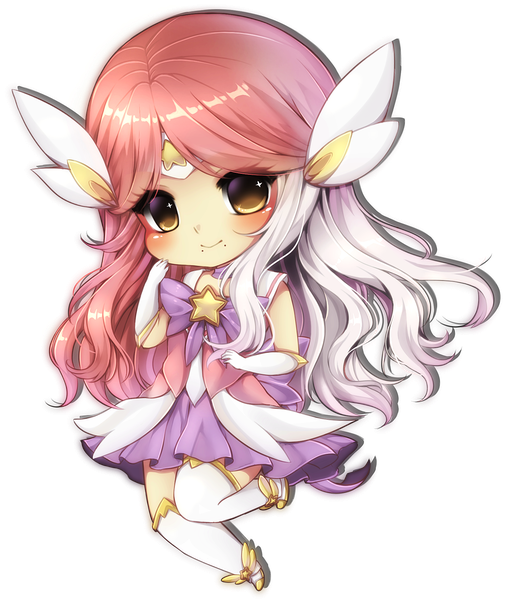 Anime picture 1495x1772 with league of legends midna01 single long hair tall image looking at viewer blush smile brown eyes pink hair full body bent knee (knees) white hair transparent background chibi lux (league of legends) (cosplay) girl dress