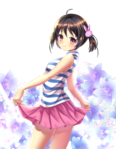 Anime picture 1167x1500 with original kalentine (lostangelvn) single tall image blush short hair black hair smile white background twintails purple eyes ahoge short twintails skirt lift striped girl skirt flower (flowers) bunny