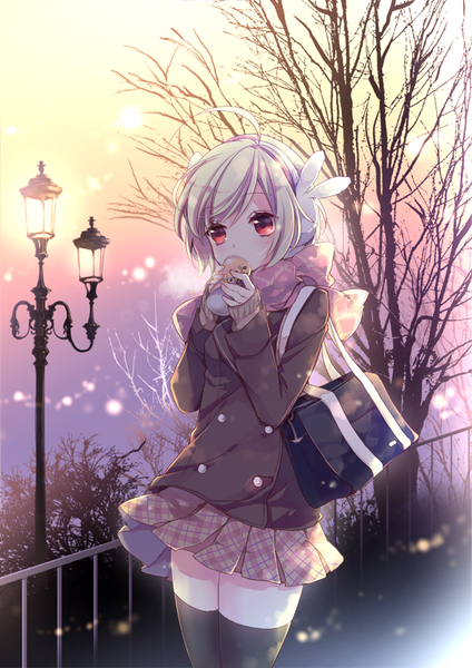 Anime picture 600x848 with creators collection jonejung single tall image blush fringe short hair red eyes standing holding looking away sky silver hair ahoge outdoors long sleeves pleated skirt wind zettai ryouiki evening