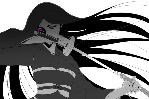 Anime picture 1536x1024 with bleach studio pierrot unohana retsu ktsis single long hair black hair simple background white background holding traditional clothes japanese clothes pink eyes wind monochrome shinigami gotei girl weapon sword