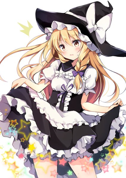 Anime picture 1422x2018 with touhou kirisame marisa hyurasan single long hair tall image fringe open mouth blonde hair hair between eyes standing white background yellow eyes braid (braids) sweat side braid skirt lift sweatdrop girl skirt